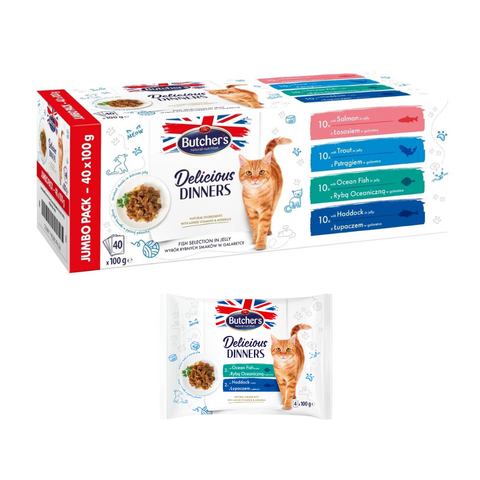 Butcher's Delicious Dinners Jumbo Pack Food For Cats Fish Selection Salmon/Ocean Fish/Trout/Haddock In Jelly 40X100G