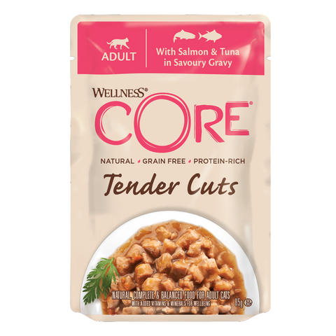 Wellness Core Tinder Cut Salmon &Tuna in Savoury Gravy Pouches for Cats 85g