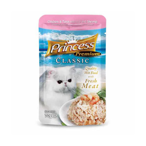 Princess Classic Chicken and Tuna with Rice and Shrimp Pouches for Adult Cats 70g