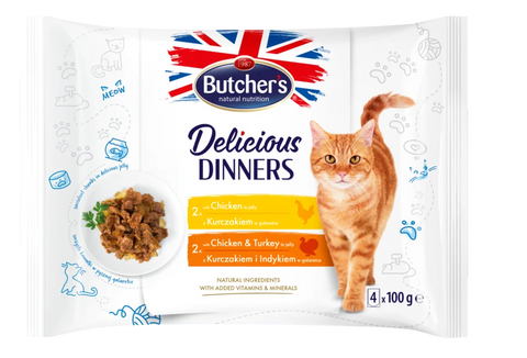 Butcher's Delicious Dinner Chunks in Jelly with Chicken & Chicken and Turkey for Cats 4X100g