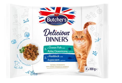 Butcher's Delicious Dinner Chunks in Jelly with Ocean Fish & Haddock for Cats 4X100g